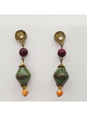 Vintage Drop Earrings With Green Speckled Ceramic Beads Red Accents & Gold-Tone